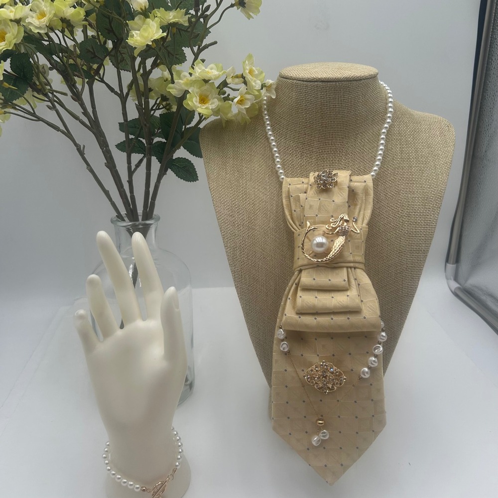 Calvin Klein 100% Silk Tie Necklace Mermaid Pearl Embellished Gold Champagne